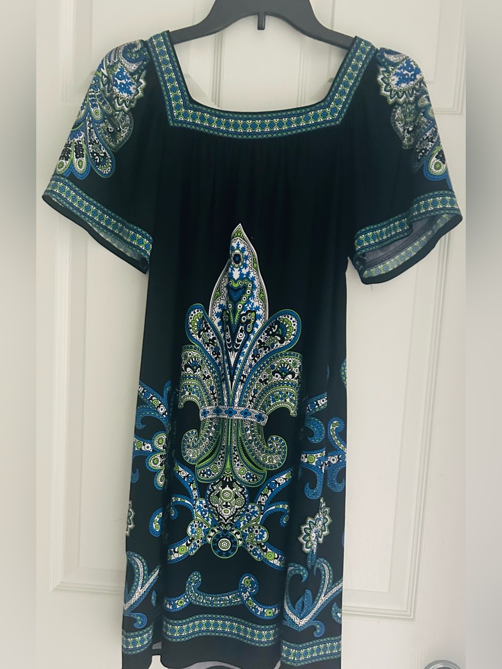 Mini Dress in Black with Blue & Green Paisley Print